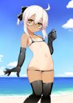  1girl absurdres ahoge arm_at_side artoria_pendragon_(all) beach bikini black-framed_eyewear black_bikini black_bow black_gloves black_legwear blue_sky bow closed_mouth day elbow_gloves fate/grand_order fate_(series) fingernails flat_chest glasses gloves hair_bow hands_up highres horizon looking_at_viewer lowleg lowleg_bikini micro_bikini mysterious_heroine_x_(alter)_(fate) namonashi navel one-piece_tan outdoors ponytail sand sky solo standing swimsuit tan tanlines thighhighs white_hair yellow_eyes 
