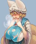  1girl blue_background blush breasts breath chanta_(ayatakaoisii) dress fox_tail hands_up hat huge_breasts multiple_tails open_mouth pillow_hat simple_background slit_pupils solo tabard tail touhou white_dress white_headwear yakumo_ran yellow_eyes 