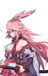  1girl alternate_eye_color animal_ears bangs bare_shoulders blue_eyes breasts closed_mouth feng_shao_kky_(arj0522) fox_ears fox_mask hair_between_eyes highres holding holding_sword holding_weapon honkai_(series) honkai_impact_3rd katana long_hair mask pink_hair pink_skirt sheath sheathed sideboob simple_background skirt solo sword weapon white_background yae_sakura yae_sakura_(gyakushinn_miko) 