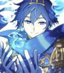  1boy blue_eyes blue_hair blue_scarf bubble commentary eighth_note epaulettes gloves haru_aki headpiece heart holding kaito_(vocaloid) looking_at_viewer magical_mirai_(vocaloid) male_focus musical_note portrait scarf signature smile solo translated vocaloid white_background white_gloves 