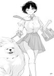  1girl absurdres breasts dog greyscale highres large_breasts leash monochrome one_eye_closed original school_uniform short_hair solo takenoko_no_you walking 