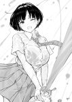  1girl absurdres bottle bra_through_clothes breasts greyscale highres large_breasts monochrome one_eye_closed original school_uniform see-through short_hair soda_bottle squirting_liquid takenoko_no_you wet wet_clothes 
