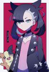  1girl asymmetrical_bangs bangs black_choker black_hair black_jacket character_name choker commentary dress earrings eyelashes gen_8_pokemon green_eyes hair_ribbon highres jacket jewelry marnie_(pokemon) morpeko morpeko_(full) open_clothes open_jacket pink_dress pokemon pokemon_(creature) pokemon_(game) pokemon_swsh ribbon sasa_kado_(redbluemoon74) twintails 