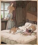  3girls absurdres animal_ears apron blue_dress book brown_hair bunny_ears bunny_girl bunny_tail child commentary cup dress fur headboard highres holding holding_book lamp long_hair looking_out_window lying multiple_girls on_back on_bed on_stomach original pillow plant potted_plant sakutake_(ue3sayu) shelf short_ponytail tail teacup white_apron window windowsill 