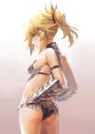  1girl armor ass bangs bare_shoulders bikini bikini_armor black_bikini blonde_hair braid breasts fate/apocrypha fate_(series) french_braid gauntlets gradient gradient_background green_eyes hair_ornament hair_scrunchie highres long_hair mordred_(fate) mordred_(fate)_(all) parted_bangs ponytail scrunchie sidelocks small_breasts swimsuit thighs tonee 