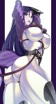  1girl :d arms_behind_head ass belt bodysuit breasts fate/grand_order fate_(series) highres latex_bodysuit long_hair looking_at_viewer minamoto_no_raikou_(fate) open_mouth purple_bodysuit purple_eyes purple_hair skin_tight smile solo teeth very_long_hair volyz 