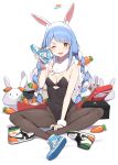  1girl absurdres animal_ear_fluff animal_ears bangs black_leotard blue_hair braid breasts bunny_ears carrot carrot_hair_ornament cloba don-chan_(usada_pekora) eyebrows_visible_through_hair food-themed_hair_ornament full_body hair_ornament highres hololive leotard long_hair looking_at_viewer multicolored_hair nike nousagi_(usada_pekora) one_eye_closed open_mouth pantyhose playboy_bunny rabbit_girl shoes sitting small_breasts sneakers strapless strapless_leotard thick_eyebrows twin_braids two-tone_hair usada_pekora virtual_youtuber white_hair 