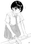  1girl absurdres bamboo breasts greyscale highres large_breasts monochrome original saw school_uniform short_hair smile solo takenoko_no_you 