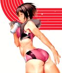  1girl absurdres armpit_peek ass bottle brown_hair cowboy_shot double_tanline from_side highres karochii megami_no_sprinter profile scan short_hair solo sports_bra sportswear sweat water_bottle white_background 