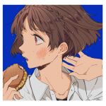  1girl arms_up bangs black_shirt black_undershirt blue_background blunt_bangs blush border braid brown_hair collar collared_shirt crown_braid dress_shirt food hands_up holding holding_food ice_cream ice_cream_sandwich ivxxx looking_to_the_side niijima_makoto open_mouth persona persona_5 red_eyes shirt short_hair simple_background snack solo sweat sweatdrop sweating_profusely teeth turning_head white_border white_shirt 