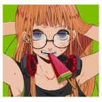  1girl armpits arms_up bangs black_tank_top blunt_bangs blush border eating food glasses green_background hands_in_hair headphones headphones_around_neck headphones_removed hime_cut ivxxx long_hair open_mouth orange_hair persona persona_5 popsicle purple_eyes sakura_futaba simple_background snack solo sweat sweatdrop sweating_profusely tank_top v_arms white_border 