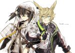  2boys animal_ears arknights ayerscarpe_(arknights) bag bandaid bandaid_on_nose bangs black_gloves blonde_hair bunny_ears closed_mouth ear_tag frown gloves hair_between_eyes hood hood_up jacket leonhardt_(arknights) locked_arms long_sleeves male_focus multiple_boys nakayama_miyuki see-through simple_background white_background 