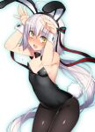  1girl :d animal_ears black_leotard black_neckwear blue_outline blush bow bowtie breasts brown_legwear bunny_ears bunny_pose cowboy_shot eyebrows_visible_through_hair fake_animal_ears fate/grand_order fate_(series) flying_sweatdrops grey_hair hair_ribbon hands_up jeanne_d&#039;arc_(fate)_(all) jeanne_d&#039;arc_alter_santa_lily_(fate) leotard long_hair looking_at_viewer namonashi open_mouth outline pantyhose ribbon simple_background small_breasts smile solo standing strapless strapless_leotard thigh_gap very_long_hair white_background wrist_cuffs yellow_eyes 