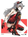  1girl absurdres cyborg darkers expressionless eyebrows_visible_through_hair grey_hair headgear highres long_hair looking_at_viewer mecha_musume mechanical_arms mechanical_legs mechanical_parts original simple_background solo squatting two_side_up yellow_eyes 