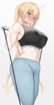  1girl ^^^ blend_s blonde_hair blush breasts closed_mouth commentary covered_nipples gradient gradient_background grey_background highres hinata_kaho large_breasts long_hair looking_at_viewer midriff navel noripachi pants solo standing sweat symbol_commentary very_long_hair white_background yoga_pants 
