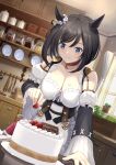  1girl animal_ears black_hair black_sleeves blue_eyes breasts cactus cake cleavage collar decorating dress dutch_angle eishin_flash_(umamusume) eyebrows_visible_through_hair food food_on_face fruit highres holding holding_food holding_fruit horse_ears icing indoors large_breasts light_blush m.a.y. plant plate potted_plant red_collar shelf short_hair smile solo umamusume upper_body utensil white_dress window 