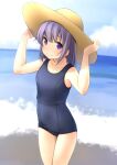  1girl arms_up ass_visible_through_thighs bare_arms bare_shoulders black_swimsuit blue_sky breasts brown_headwear closed_mouth cloud collarbone commentary_request day hands_on_headwear hat highres horizon long_hair looking_at_viewer ocean old_school_swimsuit one-piece_swimsuit original outdoors purple_eyes purple_hair school_swimsuit shibacha sky small_breasts smile solo standing sun_hat swimsuit thigh_gap water 