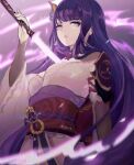 1girl armor bangs blunt_bangs blurry blurry_foreground breasts ciarre closed_mouth commentary electricity english_commentary flower genshin_impact hair_flower hair_ornament highres holding holding_sword holding_weapon japanese_clothes katana kimono long_hair long_sleeves looking_at_viewer mole mole_under_eye purple_background purple_eyes purple_flower purple_hair raiden_(genshin_impact) ribbon sash shoulder_armor simple_background solo sword twitter_username weapon wide_sleeves 