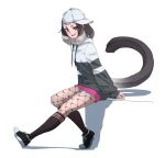  1girl alpine_marmot_(kemono_friends) alternate_costume baseball_cap black_hair brown_eyes casual contemporary drawstring fishnet_legwear fishnets grey_hair hat highres hood hood_down hoodie kemono_friends leaning_forward long_sleeves looking_at_viewer medium_hair miniskirt multicolored_hair open_mouth outstretched_leg pantyhose shoes sidelocks sitting skirt sleeves_past_wrists smile socks solo tail tanabe_(fueisei) two-tone_hair 