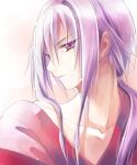  1boy collarbone eyebrows_visible_through_hair hair_between_eyes izumi_yura lips long_hair low_ponytail lucid_atray off_shoulder pink_background pink_eyes ponytail portrait purple_hair sidelocks simple_background solo upper_body yuukyuu_gensoukyoku 