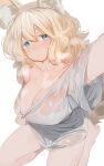  1girl animal_ears barefoot big_hair blonde_hair blue_eyes breasts cleavage closed_mouth clothes_pull grey_shirt hand_up highres large_breasts long_hair looking_at_viewer mole mole_on_breast naked_shirt no_bra original ryusei_hashida selfie shirt shirt_pull short_sleeves simple_background solo sweat tareme wet wet_clothes wet_shirt white_background 