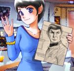  1girl black_hair blue_dress blue_eyes blurry blurry_background chutohampa dress hand_up long_sleeves looking_at_viewer photo_background picture_(object) pointy_ears salute short_hair signature spock standing star_trek vulcan vulcan_salute 