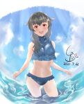  1girl artist_logo bikini black_hair blue_bikini blue_sky breasts cloud commentary_request cowboy_shot dated frilled_bikini frills hair_flaps hair_ornament hair_over_shoulder hairclip highres jingei_(kancolle) kantai_collection large_breasts ld_(luna_dial398) long_hair looking_at_viewer red_eyes sky smile soaking_feet solo standing swimsuit 
