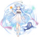  1girl ark_order bangs bare_legs blue_hair blush chinese_clothes double_bun dress flower frilled_dress frills hair_flower hair_ornament halo head_fins holding horns kuen_(ark_order) liquid_halo looking_at_viewer maya_g narwhal official_art pink_flower pink_ribbon ribbon see-through single_horn solo tachi-e white_dress yellow_eyes 