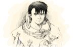  1boy ajthefourth astronaut black_hair greyscale honneamise_no_tsubasa looking_at_viewer male_focus monochrome shirotsugh_lhadatt simple_background solo white_background 