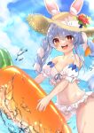  1girl :d absurdres amaguri_(guri_0330) animal_ear_fluff animal_ears bangs bare_shoulders bikini bikini_skirt blue_hair blush braid breasts bunny-shaped_pupils bunny_ears carrot_hair_ornament cowboy_shot detached_sleeves food-themed_hair_ornament frilled_bikini frills hair_ornament hat highres hololive inflatable_toy long_hair looking_at_viewer multicolored_hair ocean open_mouth orange_eyes puffy_short_sleeves puffy_sleeves rabbit_girl short_sleeves small_breasts smile solo strapless strapless_bikini straw_hat summer sun_hat swept_bangs swimsuit thick_eyebrows tubetop twin_braids twintails two-tone_hair upper_teeth usada_pekora v-shaped_eyebrows virtual_youtuber white_bikini white_hair white_sleeves 