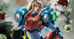  1girl allyloren arm_cannon armor blonde_hair blue_eyes drawings flash_game glowing gun helmet long_hair looking_at_viewer metroid metroid_(creature) metroid_dread mole mole_under_mouth painting ponytail power_armor samus_aran science_fiction sidelocks simple_background solo upper_body varia_suit visor weapon 