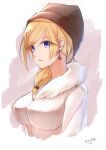  1girl artist_name bangs blonde_hair blue_eyes breasts brown_headwear closed_mouth coat dated earrings eyebrows_visible_through_hair fur-trimmed_coat fur_collar fur_trim highres jewelry long_hair looking_at_viewer medium_breasts rodney_(warship_girls_r) solo warship_girls_r white_background white_coat xueci 
