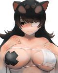  1girl animal_ears asymmetrical_clothes australian_devil_(kemono_friends) bikini black_eyes black_hair blush breasts breasts_apart brown_eyes closed_mouth colored_inner_hair covered_nipples embarrassed empty_eyes extra_ears eyebrows_visible_through_hair eyepatch eyepatch_bikini furrowed_brow half-closed_eye hands_up highres kemono_friends large_breasts long_hair looking_to_the_side medical_eyepatch multicolored_hair nose_blush one_eye_covered parted_lips shibori_kasu solo strapless strapless_bikini swimsuit tasmanian_devil_ears tearing_up two-tone_hair underboob upper_body 