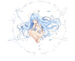  1girl anklet ark_order bare_legs blue_hair bubble dress fish half-closed_eyes halo head_fins hugging_own_legs jewelry kuen_(ark_order) looking_at_viewer maya_g official_art side_slit solo tachi-e water white_dress yellow_eyes 