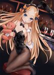  1girl abigail_williams_(fate) alcohol animal_ears asle bangs bare_shoulders black_bow black_footwear black_hairband black_leotard blonde_hair blush bottle bow brown_legwear bunny_ears bunny_tail commentary_request cup drinking_glass fake_animal_ears fate/grand_order fate_(series) finger_to_mouth forehead hair_bow hairband high_heels indoors leotard long_hair looking_at_viewer object_hug on_chair orange_bow pantyhose parted_bangs parted_lips playboy_bunny shoes solo stool strapless strapless_leotard stuffed_animal stuffed_toy suction_cups tail teddy_bear tentacles tray very_long_hair wine wine_glass wrist_cuffs 