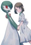  1girl alternate_costume asagiri_kogen blue_eyes brown_hair dress gardevoir gen_3_pokemon highres looking_at_viewer may_(pokemon) pokemon pokemon_(creature) pokemon_(game) pokemon_rse short_hair short_hair_with_long_locks sidelocks smile white_dress 