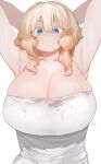  1girl armpits blonde_hair blue_eyes breasts cleavage closed_mouth hands_up highres huge_breasts looking_at_viewer original ryusei_hashida shirt signature simple_background solo sweat upper_body wet wet_clothes wet_shirt white_background white_shirt 