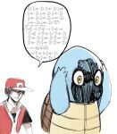  1boy 1other baseball_cap brown_hair cosplay crossover death_note english_commentary gen_1_pokemon gold_trim hat highres jersey math pokemon pokemon_(creature) pokemon_(game) pokemon_rgby red_(pokemon) red_(pokemon)_(cosplay) red_eyes red_headwear shaded_face speech_bubble squirtle trigonometry yagami_light yourfreakyneighbourh 
