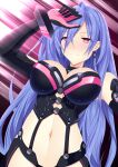  1girl absurdres arm_on_head arm_up blue_hair blush breasts dominatrix earrings elbow_gloves eyebrows_visible_through_hair gloves hair_between_eyes hatsune_haruka highres iris_heart jewelry kami_jigen_game_neptune_v large_breasts long_hair navel neptune_(series) pink_eyes power_symbol solo stomach symbol-shaped_pupils upper_body 