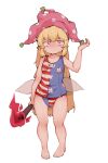  1girl american_flag american_flag_print bare_legs barefoot blonde_hair bright_pupils clownpiece doro_au fairy_wings flag_print full_body hat highres holding holding_torch jester_cap long_hair one-piece_swimsuit pink_eyes pink_headwear polka_dot simple_background sleeveless solo standing star_(symbol) star_print striped swimsuit torch touhou very_long_hair white_background wings 
