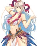  1girl absurdres bangs bare_shoulders bikini blue_hair breasts cleavage closed_mouth collarbone commentary eyebrows_visible_through_hair fire_emblem fire_emblem_heroes flower freyja_(fire_emblem) gradient gradient_hair grey_hair hair_flower hair_ornament hand_up highres horns large_breasts long_hair looking_at_viewer multicolored_hair navel pelvic_curtain red_eyes see-through simple_background solo stomach swimsuit thighs truejekart 
