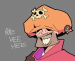  1boy 4chan alternate_headwear bacun borrowed_garments covered_eyes english_text facial_hair grey_background grin guilty_gear hat laughing may_(guilty_gear) orange_headwear simple_background skull_and_crossbones smile solo stubble team_fortress_2 teeth the_soldier 