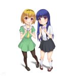  2girls absurdres black_footwear black_legwear black_skirt blonde_hair blue_hair blush brown_footwear dress fang full_body furude_rika green_dress hairband highres higurashi_no_naku_koro_ni houjou_satoko kneehighs legs long_hair mary_janes multiple_girls open_mouth pantyhose purple_eyes sainohikari shirt shoes short_hair short_sleeves simple_background skirt smile suspender_skirt suspenders thighs white_background white_legwear white_shirt 