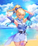  1girl absurdres armpits arms_behind_head beach blonde_hair blue_sky blush bow breasts cleavage_cutout clothing_cutout cloud detached_sleeves eyebrows_visible_through_hair genshin_impact hair_bow highres jean_(genshin_impact) jean_(sea_breeze_dandelion)_(genshin_impact) looking_at_viewer medium_breasts ocean open_mouth outdoors ponytail sand sky solo sunlight 