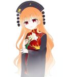  1girl bangs belt bow brown_belt chinese_clothes crescent crying dress eyebrows_visible_through_hair eyes_visible_through_hair flower grey_dress grey_headwear grey_sleeves hair_between_eyes hands_up hat junko_(touhou) lily_(flower) long_hair long_sleeves looking_at_viewer orange_hair pom_pom_(clothes) red_eyes red_vest simple_background solo standing tears teeth touhou umi_(nana_spring) vest white_background yellow_bow yellow_neckwear 