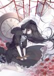  1girl abstract_background absurdres akemi_homura bangs black_dress black_hairband black_neckwear black_ribbon capelet clock collared_shirt crying crying_with_eyes_open dress expressionless flower frilled_dress frilled_shirt frills full_body funeral_dress hair_between_eyes hair_ornament hairband highres homulilly kneeling long_hair looking_down magical_girl mahou_shoujo_madoka_magica mahou_shoujo_madoka_magica_movie moseley neck_ribbon pale_skin red_eyes red_flower restrained ribbon sad shirt short_sleeves sidelocks silk solo spider_lily spider_web stocks tears veil very_long_hair white_background white_shirt 