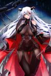  1girl aegir_(azur_lane) azur_lane bangs bare_shoulders bodystocking breast_curtains breasts cape chain clothing_cutout demon_horns earrings finger_to_own_chin hachimitsu_hinako hair_between_eyes horns huge_breasts jewelry long_hair looking_at_viewer multicolored_hair shoulder_cutout silver_hair smile streaked_hair thigh_gap thighhighs thighs yellow_eyes 