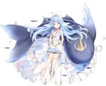  &gt;_&lt; 1girl anklet ark_order bangs blue_hair blue_scrunchie book book_on_lap bubble detached_sleeves dress fish halo head_fins horns jewelry kuen_(ark_order) liquid_halo long_hair looking_at_viewer maya_g narwhal necklace official_art open_book scrunchie short_sleeves single_horn sitting smile solo tassel transparent_background very_long_hair white_dress white_footwear wrist_scrunchie yellow_eyes 