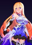  1girl :i absurdres bare_shoulders bianka_durandal_ataegina bianka_durandal_ataegina_(bright_knight:_excelsis) black_background black_gloves black_legwear blonde_hair blue_eyes closed_mouth earrings elbow_gloves gloves hair_between_eyes hair_ornament hair_over_one_eye highres honkai_(series) honkai_impact_3rd jewelry long_hair no-light simple_background solo thighhighs 