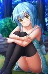  1other :t ass bangs bare_arms bare_shoulders black_legwear blue_dress blue_hair blue_panties blurry blurry_background blush braid closed_mouth collarbone commentary day depth_of_field dress eyebrows_visible_through_hair feet_out_of_frame hair_between_eyes highres kazenokaze knees_up long_hair looking_at_viewer no_shoes on_grass other_focus outdoors panties pout rimuru_tempest single_braid sitting sleeveless sleeveless_dress solo tensei_shitara_slime_datta_ken thighhighs tree underwear yellow_eyes 